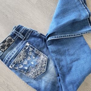 MISS ME Royal Emblem Embellished Blue Denim Chloe Bootcut Mid-Rise Jeans Size 31